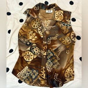 Women's Brown Pattern Vintage Sleeveless Button Down Top